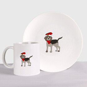 Набор: тарелка + кружка с принтом Новогодний Бигль в Новосибирске, керамика | Кружка: объем — 330 мл, диаметр — 80 мм. Принт наносится на бока кружки, можно сделать два разных изображения. 
Тарелка: диаметр - 210 мм, диаметр для нанесения принта - 120 мм. | 2021 | бигль | зима | зимняя собака | милый | нарядная собака | новогодний щенок | новый год | подарок | собака | собака в шапке | шарф | щенок | щенок с шарфом