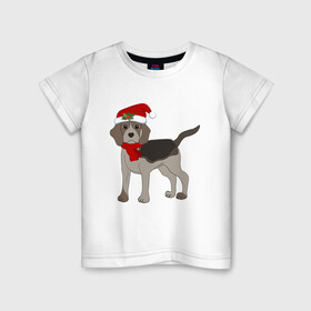 Детская футболка хлопок с принтом Новогодний Бигль в Новосибирске, 100% хлопок | круглый вырез горловины, полуприлегающий силуэт, длина до линии бедер | Тематика изображения на принте: 2021 | бигль | зима | зимняя собака | милый | нарядная собака | новогодний щенок | новый год | подарок | собака | собака в шапке | шарф | щенок | щенок с шарфом