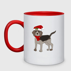 Кружка двухцветная с принтом Новогодний Бигль в Новосибирске, керамика | объем — 330 мл, диаметр — 80 мм. Цветная ручка и кайма сверху, в некоторых цветах — вся внутренняя часть | Тематика изображения на принте: 2021 | бигль | зима | зимняя собака | милый | нарядная собака | новогодний щенок | новый год | подарок | собака | собака в шапке | шарф | щенок | щенок с шарфом