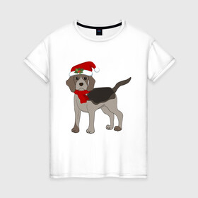 Женская футболка хлопок с принтом Новогодний Бигль в Новосибирске, 100% хлопок | прямой крой, круглый вырез горловины, длина до линии бедер, слегка спущенное плечо | Тематика изображения на принте: 2021 | бигль | зима | зимняя собака | милый | нарядная собака | новогодний щенок | новый год | подарок | собака | собака в шапке | шарф | щенок | щенок с шарфом