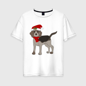 Женская футболка хлопок Oversize с принтом Новогодний Бигль в Новосибирске, 100% хлопок | свободный крой, круглый ворот, спущенный рукав, длина до линии бедер
 | Тематика изображения на принте: 2021 | бигль | зима | зимняя собака | милый | нарядная собака | новогодний щенок | новый год | подарок | собака | собака в шапке | шарф | щенок | щенок с шарфом