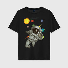 Женская футболка хлопок Oversize с принтом Астронавт в Новосибирске, 100% хлопок | свободный крой, круглый ворот, спущенный рукав, длина до линии бедер
 | sun | астронавт | галактика | космос | планеты