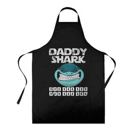 Фартук 3D с принтом Daddy shark в Новосибирске, 100% полиэстер | общий размер — 65 х 85 см, ширина нагрудника — 26 см, горловина — 53 см, длина завязок — 54 см, общий обхват в поясе — 173 см. Принт на завязках и на горловине наносится с двух сторон, на основной части фартука — только с внешней стороны | baby shark | daddy shark | family shark | grandma shark | grandpa shark | mommy shark | бабушка акула | дедушка акула | мама акула | отец акула | ребенок акула | семья акул