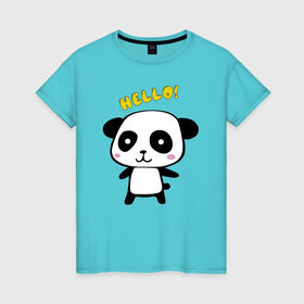 Женская футболка хлопок с принтом Милая пандочка в Новосибирске, 100% хлопок | прямой крой, круглый вырез горловины, длина до линии бедер, слегка спущенное плечо | маленькая панда | маленькая пандочка | милашка | милая панда | милая пандочка | панда | панда hello | панда милашка | пандочка | пандочка hello | пандочка милашка