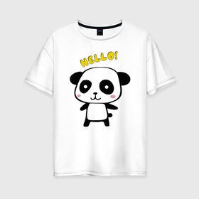 Женская футболка хлопок Oversize с принтом Милая пандочка в Новосибирске, 100% хлопок | свободный крой, круглый ворот, спущенный рукав, длина до линии бедер
 | маленькая панда | маленькая пандочка | милашка | милая панда | милая пандочка | панда | панда hello | панда милашка | пандочка | пандочка hello | пандочка милашка