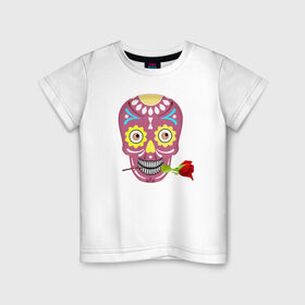Детская футболка хлопок с принтом Череп с розой в Новосибирске, 100% хлопок | круглый вырез горловины, полуприлегающий силуэт, длина до линии бедер | деньмертвых | зубы | мексика | роза | скелет | хэллоуин | цветок | череп