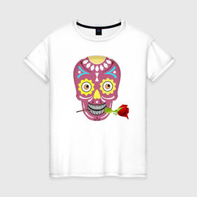 Женская футболка хлопок с принтом Череп с розой в Новосибирске, 100% хлопок | прямой крой, круглый вырез горловины, длина до линии бедер, слегка спущенное плечо | деньмертвых | зубы | мексика | роза | скелет | хэллоуин | цветок | череп