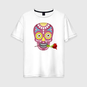 Женская футболка хлопок Oversize с принтом Череп с розой в Новосибирске, 100% хлопок | свободный крой, круглый ворот, спущенный рукав, длина до линии бедер
 | деньмертвых | зубы | мексика | роза | скелет | хэллоуин | цветок | череп