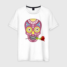 Мужская футболка хлопок с принтом Череп с розой в Новосибирске, 100% хлопок | прямой крой, круглый вырез горловины, длина до линии бедер, слегка спущенное плечо. | деньмертвых | зубы | мексика | роза | скелет | хэллоуин | цветок | череп