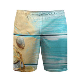 Мужские шорты спортивные с принтом ПИРС 2 в Новосибирске,  |  | дерево | лето | море | песок | пирс | пляж | ракушки