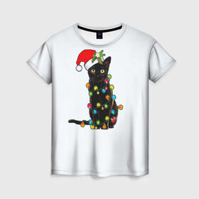 Женская футболка 3D с принтом Новогодний кот в Новосибирске, 100% полиэфир ( синтетическое хлопкоподобное полотно) | прямой крой, круглый вырез горловины, длина до линии бедер | 2021 | белка | гирлянда | год быка | дед мороз | елка | енот | кот | котик | лиса | маска | неон | новогодний кот | новогодняя | новый год | олень | праздник | радуга | рождество | с новым годом | санта