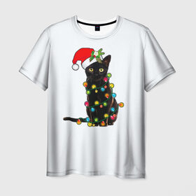 Мужская футболка 3D с принтом Новогодний кот в Новосибирске, 100% полиэфир | прямой крой, круглый вырез горловины, длина до линии бедер | 2021 | белка | гирлянда | год быка | дед мороз | елка | енот | кот | котик | лиса | маска | неон | новогодний кот | новогодняя | новый год | олень | праздник | радуга | рождество | с новым годом | санта