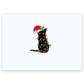Поздравительная открытка с принтом Новогодний кот в Новосибирске, 100% бумага | плотность бумаги 280 г/м2, матовая, на обратной стороне линовка и место для марки
 | Тематика изображения на принте: 2021 | белка | гирлянда | год быка | дед мороз | елка | енот | кот | котик | лиса | маска | неон | новогодний кот | новогодняя | новый год | олень | праздник | радуга | рождество | с новым годом | санта
