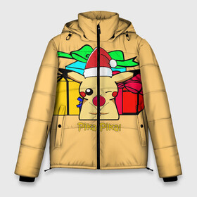 Мужская зимняя куртка 3D с принтом New Year Pikachu в Новосибирске, верх — 100% полиэстер; подкладка — 100% полиэстер; утеплитель — 100% полиэстер | длина ниже бедра, свободный силуэт Оверсайз. Есть воротник-стойка, отстегивающийся капюшон и ветрозащитная планка. 

Боковые карманы с листочкой на кнопках и внутренний карман на молнии. | Тематика изображения на принте: игры | новый год | пикачу | подарки | праздник