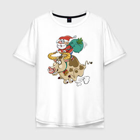 Мужская футболка хлопок Oversize с принтом Санта на олене в Новосибирске, 100% хлопок | свободный крой, круглый ворот, “спинка” длиннее передней части | Тематика изображения на принте: 