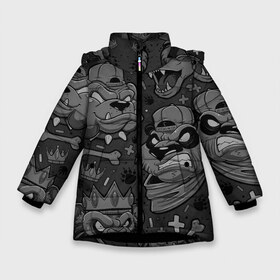 Зимняя куртка для девочек 3D с принтом CRAZY ANIMALS в Новосибирске, ткань верха — 100% полиэстер; подклад — 100% полиэстер, утеплитель — 100% полиэстер. | длина ниже бедра, удлиненная спинка, воротник стойка и отстегивающийся капюшон. Есть боковые карманы с листочкой на кнопках, утяжки по низу изделия и внутренний карман на молнии. 

Предусмотрены светоотражающий принт на спинке, радужный светоотражающий элемент на пуллере молнии и на резинке для утяжки. | бульдог | головы животных | медведь | мультяшные животные | обезьяна | панда | собака