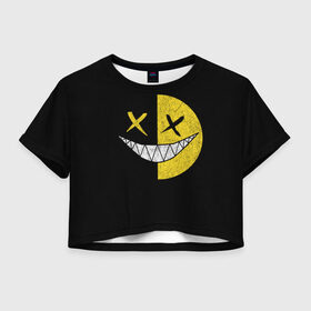Женская футболка Crop-top 3D с принтом SMILE в Новосибирске, 100% полиэстер | круглая горловина, длина футболки до линии талии, рукава с отворотами | глаза крестики | злой смайл | зубы | контраст | смайл | эмоция