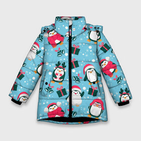 Зимняя куртка для девочек 3D с принтом Новогодние Пингвины в Новосибирске, ткань верха — 100% полиэстер; подклад — 100% полиэстер, утеплитель — 100% полиэстер. | длина ниже бедра, удлиненная спинка, воротник стойка и отстегивающийся капюшон. Есть боковые карманы с листочкой на кнопках, утяжки по низу изделия и внутренний карман на молнии. 

Предусмотрены светоотражающий принт на спинке, радужный светоотражающий элемент на пуллере молнии и на резинке для утяжки. | 2021 | белка | гирлянда | год быка | дед мороз | детская | дочка | елка | енот | кот | котик | лиса | маска | милая | неон | новогодняя | новый год | олень | паттерн | пингвин | подарок | праздник | радуга