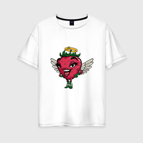 Женская футболка хлопок Oversize с принтом Ангельская клубника в Новосибирске, 100% хлопок | свободный крой, круглый ворот, спущенный рукав, длина до линии бедер
 | ангел | арт | белые крылья | клубника | крылья | рисунок | супер | супер герой | супер персонаж