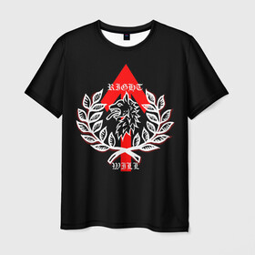 Мужская футболка 3D с принтом Правая воля в Новосибирске, 100% полиэфир | прямой крой, круглый вырез горловины, длина до линии бедер | волк | герб | готический | иностранные | листья | на английском | на спине | надписи | нс | правый | рисунок | средневековый | стрелка | цвета | черная