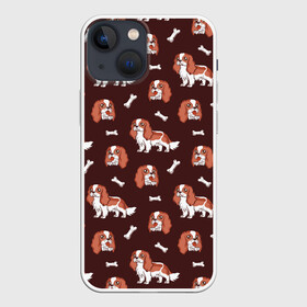 Чехол для iPhone 13 mini с принтом Спаниели в Новосибирске,  |  | art | cavalier | charles | cute | dog | english | king | little | small | spaniel | английский | арт | иллюстрация | кавалер | кинг | косточки | маленький | милота | милые | милый | мини | песики | порода | собака | собачки | спаниель