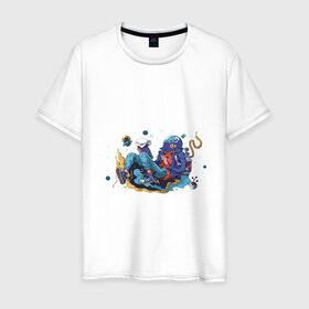 Мужская футболка хлопок с принтом Мечтательная рыба в Новосибирске, 100% хлопок | прямой крой, круглый вырез горловины, длина до линии бедер, слегка спущенное плечо. | Тематика изображения на принте: аквариум | арт | космос | мечта | мечтатель | невесомость | парение | рисунок | рыба | художник