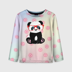 Детский лонгслив 3D с принтом Милая пандочка  в Новосибирске, 100% полиэстер | длинные рукава, круглый вырез горловины, полуприлегающий силуэт
 | Тематика изображения на принте: маленькая панда | маленькая пандочк | милая панда | милая пандочка | панда | панда в красных очках | панда в очках | панда очки | панда сердечки | панда сердце | пандочка | пандочка в красных очках