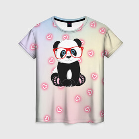 Женская футболка 3D с принтом Милая пандочка  в Новосибирске, 100% полиэфир ( синтетическое хлопкоподобное полотно) | прямой крой, круглый вырез горловины, длина до линии бедер | маленькая панда | маленькая пандочк | милая панда | милая пандочка | панда | панда в красных очках | панда в очках | панда очки | панда сердечки | панда сердце | пандочка | пандочка в красных очках