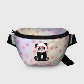 Поясная сумка 3D с принтом Милая пандочка в Новосибирске, 100% полиэстер | плотная ткань, ремень с регулируемой длиной, внутри несколько карманов для мелочей, основное отделение и карман с обратной стороны сумки застегиваются на молнию | маленькая панда | маленькая пандочк | милая панда | милая пандочка | панда | панда в красных очках | панда в очках | панда очки | панда сердечки | панда сердце | пандочка | пандочка в красных очках