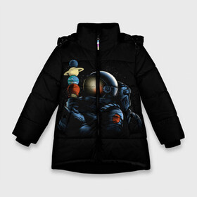 Зимняя куртка для девочек 3D с принтом Астронавт мороженкой в Новосибирске, ткань верха — 100% полиэстер; подклад — 100% полиэстер, утеплитель — 100% полиэстер. | длина ниже бедра, удлиненная спинка, воротник стойка и отстегивающийся капюшон. Есть боковые карманы с листочкой на кнопках, утяжки по низу изделия и внутренний карман на молнии. 

Предусмотрены светоотражающий принт на спинке, радужный светоотражающий элемент на пуллере молнии и на резинке для утяжки. | astronaut | cosmonaut | cosmos | galaxy | planet | space | star | universe | астронавт | вселенная | галактика | звезды | земля | конфеты | космонавт | космос | луна | марс | мороженко | мороженое | планета | сатурн | уран
