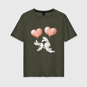 Женская футболка хлопок Oversize с принтом Пара влюбленных зайчиков в Новосибирске, 100% хлопок | свободный крой, круглый ворот, спущенный рукав, длина до линии бедер
 | зайчики | любовь | пара | розовый | сердце | серый | шарики