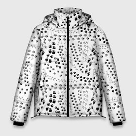 Мужская зимняя куртка 3D с принтом Дорожки из следов в Новосибирске, верх — 100% полиэстер; подкладка — 100% полиэстер; утеплитель — 100% полиэстер | длина ниже бедра, свободный силуэт Оверсайз. Есть воротник-стойка, отстегивающийся капюшон и ветрозащитная планка. 

Боковые карманы с листочкой на кнопках и внутренний карман на молнии. | Тематика изображения на принте: bear | dog | elk | footprints | fox | hare | plate | wolf | волк | заяц | лиса | лось | медведь | плита | следы | собака