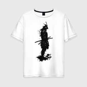 Женская футболка хлопок Oversize с принтом Теневой самурай в Новосибирске, 100% хлопок | свободный крой, круглый ворот, спущенный рукав, длина до линии бедер
 | арт | воин | древний воин | дым | дымка | катана | катаны | рисунок | самурай | тень | япония