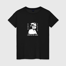 Женская футболка хлопок с принтом Demon Slayer в Новосибирске, 100% хлопок | прямой крой, круглый вырез горловины, длина до линии бедер, слегка спущенное плечо | anime | demon slayer | аниме | герой | демон | манга | мультик | мультфильм | надпись на японском | персонаж | сабито