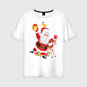 Женская футболка хлопок Oversize с принтом Санта Клаус с подарками в Новосибирске, 100% хлопок | свободный крой, круглый ворот, спущенный рукав, длина до линии бедер
 | 