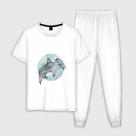 Мужская пижама хлопок с принтом Акула-молот в Новосибирске, 100% хлопок | брюки и футболка прямого кроя, без карманов, на брюках мягкая резинка на поясе и по низу штанин
 | circle | graphics | moon | shark | watercolor | акварель | акула | графика | круг | луна