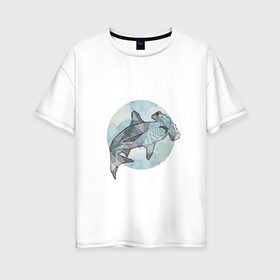 Женская футболка хлопок Oversize с принтом Акула-молот в Новосибирске, 100% хлопок | свободный крой, круглый ворот, спущенный рукав, длина до линии бедер
 | circle | graphics | moon | shark | watercolor | акварель | акула | графика | круг | луна