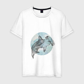 Мужская футболка хлопок с принтом Акула-молот в Новосибирске, 100% хлопок | прямой крой, круглый вырез горловины, длина до линии бедер, слегка спущенное плечо. | circle | graphics | moon | shark | watercolor | акварель | акула | графика | круг | луна