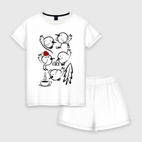 Женская пижама с шортиками хлопок с принтом НОВОГОДНИЕ ПТИЧКИ С КОЛПАЧКОМ в Новосибирске, 100% хлопок | футболка прямого кроя, шорты свободные с широкой мягкой резинкой | 