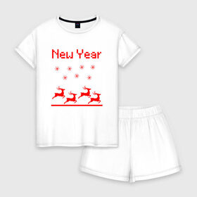 Женская пижама с шортиками хлопок с принтом Новогодние олени в Новосибирске, 100% хлопок | футболка прямого кроя, шорты свободные с широкой мягкой резинкой | 