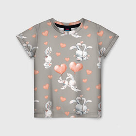 Детская футболка 3D с принтом Влюбленные в Новосибирске, 100% гипоаллергенный полиэфир | прямой крой, круглый вырез горловины, длина до линии бедер, чуть спущенное плечо, ткань немного тянется | влюбленные | зайчики | пара | розовый | сердце | серый | шарики