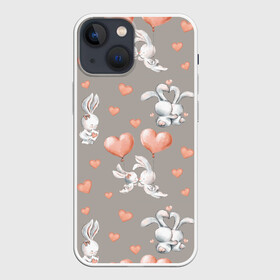Чехол для iPhone 13 mini с принтом Влюбленные в Новосибирске,  |  | влюбленные | зайчики | пара | розовый | сердце | серый | шарики