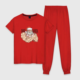 Женская пижама хлопок с принтом Плохой Санта с татуировками в Новосибирске, 100% хлопок | брюки и футболка прямого кроя, без карманов, на брюках мягкая резинка на поясе и по низу штанин | 