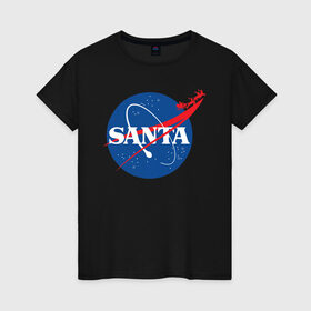 Женская футболка хлопок с принтом SANTA \ NASA. в Новосибирске, 100% хлопок | прямой крой, круглый вырез горловины, длина до линии бедер, слегка спущенное плечо | Тематика изображения на принте: 