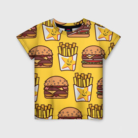 Детская футболка 3D с принтом фастфуд в Новосибирске, 100% гипоаллергенный полиэфир | прямой крой, круглый вырез горловины, длина до линии бедер, чуть спущенное плечо, ткань немного тянется | гамбургер | еда | картошка фри | фастфуд