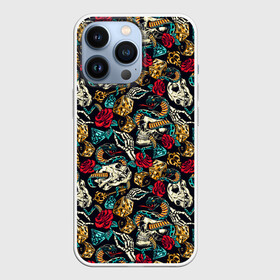 Чехол для iPhone 13 Pro с принтом Hardcore tattoo в Новосибирске,  |  | colorful | skull | snake | tattoo | vintage | винтаж | змеи | игральные | кости | скелет | тату | цветной | цветы | черепа