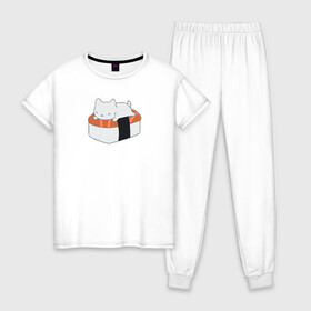 Женская пижама хлопок с принтом Суши в Новосибирске, 100% хлопок | брюки и футболка прямого кроя, без карманов, на брюках мягкая резинка на поясе и по низу штанин | вкусняшка | котейка | любовь | милый