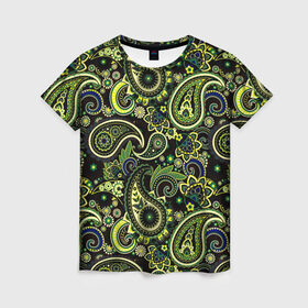 Женская футболка 3D с принтом Молекулярный рисунок в Новосибирске, 100% полиэфир ( синтетическое хлопкоподобное полотно) | прямой крой, круглый вырез горловины, длина до линии бедер | арт | биология | жёлтый | зелёный | молекула | рисунок | синий | чёрный