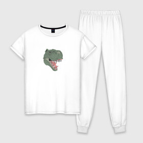 Женская пижама хлопок с принтом Тирекс в Новосибирске, 100% хлопок | брюки и футболка прямого кроя, без карманов, на брюках мягкая резинка на поясе и по низу штанин | dinosaur | аллозар | арт | белый | вымершие | динозавр | диплодок | животные | завр | зелёный | зубы | картинка | красный | кровь | мегалозавр | рисунок | тарбозавр | тарбозар | тираннозавр | тирекс | хищник
