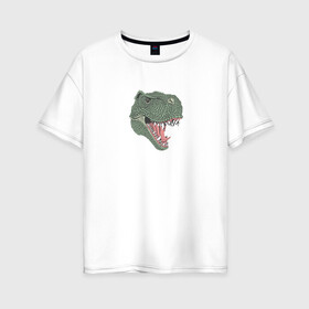 Женская футболка хлопок Oversize с принтом Тирекс в Новосибирске, 100% хлопок | свободный крой, круглый ворот, спущенный рукав, длина до линии бедер
 | dinosaur | аллозар | арт | белый | вымершие | динозавр | диплодок | животные | завр | зелёный | зубы | картинка | красный | кровь | мегалозавр | рисунок | тарбозавр | тарбозар | тираннозавр | тирекс | хищник